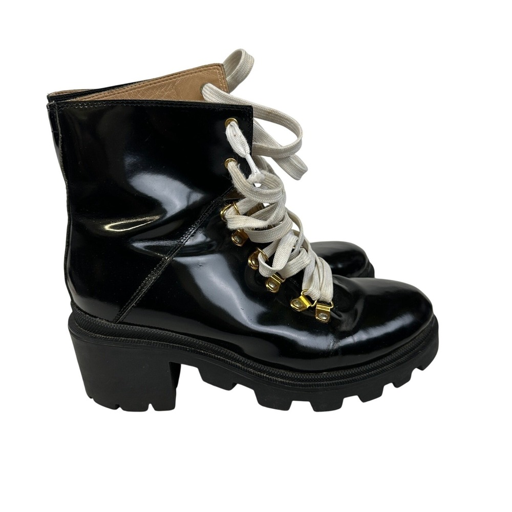 Gucci Combat Boots Black Patent Leather Lug Sole Gold Hardware Women's 7.5 - Picture 2 of 16